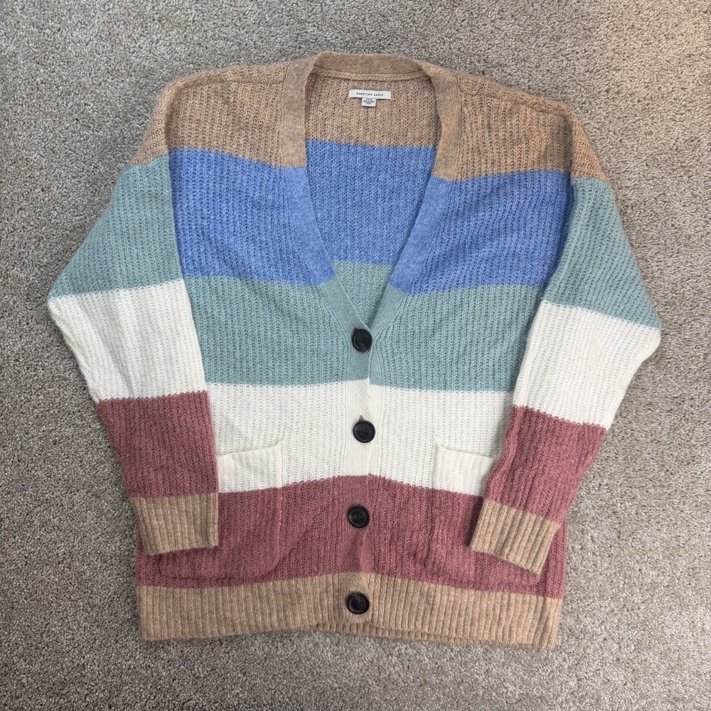 American Eagle Outfitters Cardigan Sweater Womens S Striped Button Front Pockets